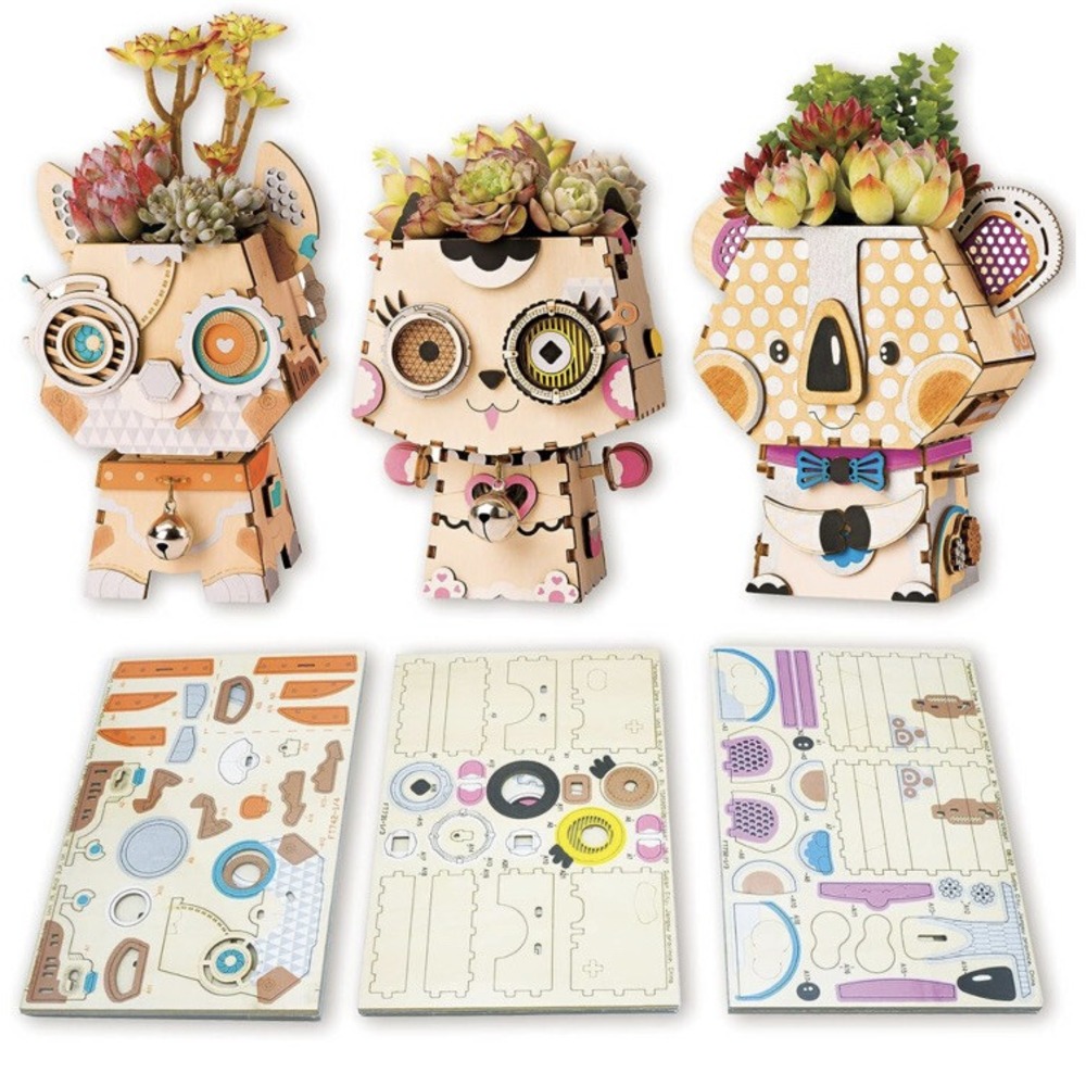 TG936 Set of 3 Wooden Flower Pots For Kids And Teens, Cute Animal Planter